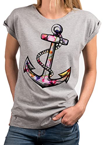 MAKAYA Blumen Shirt Damen Bunt Anker Motiv Sommer Top Große Größen Tunika Mädchen Frauen Große Größen Hellgrau XXXXL