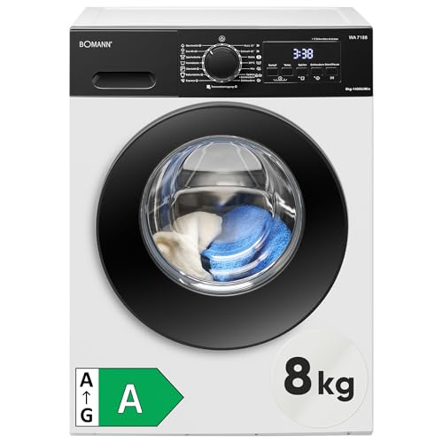 Bomann Waschmaschine 8kg | 5 Jahre Motor-Garantie | Invertermotor-effizient, leise & langlebig | max. 1400 U/min | 15 Programme | Dampffunktion | LED-Display | Washing Machine | WA 7188 weiß-schwarz