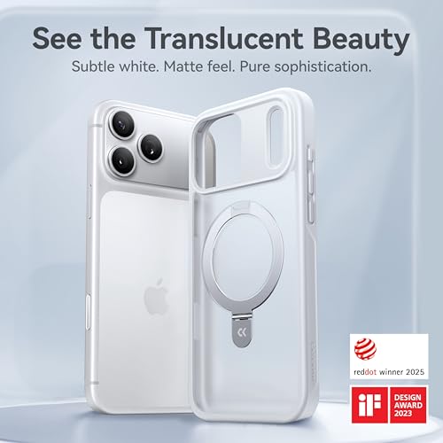 Image of CASEKOO Ultra-Magnetic Stand for iPhone 17 Pro Max Case, Shockproof, White | [Military Drop Protection] [Compatible with MagSafe] Translucent Matte for iPhone 17 Pro Max Phone Case with Ring Holder 6.9 inch