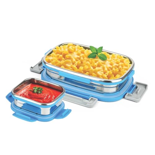 Image of SignoraWare Quickmeal Stainless Steel Small Lunch Box | Airtight & Leakproof | Portion Control | Easy to Carry | Ideal for Office, School, Kids & Travel (650ml + 130ml | TBlue)