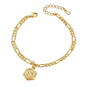 FOCALOOK Yellow Gold Plated Initial Anklets for Women Summer Jewellery 4.5mm Figaro Foot Chain Adjustable 8.5inch with 2inch Extender for Large Size(Send Gift Box)
