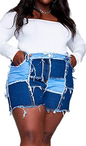 Pesion Women's Frayed Raw Hem Denim Paneled Shorts Drawstring Mid Waisted Jean Shorts With Pockets #TOP3