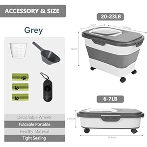   Pet-Food-Storage-Containers-20-23-Lbs-Collapsible-Dog-Food-Storage-Container-with-Measuring-Cup-ScoopDog-Poop-Bags-With-Dispenser-Dog-Food-Bin-to-Keep-Dry-Food-FreshDark-Grey