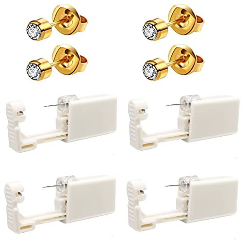 4 Pack Self Ear Piercing Gun, Disposable Self Ear Piercing Gun Kit with Earring Studs Safety Ear Piercing Gun Kit Tool (Golden- White)
