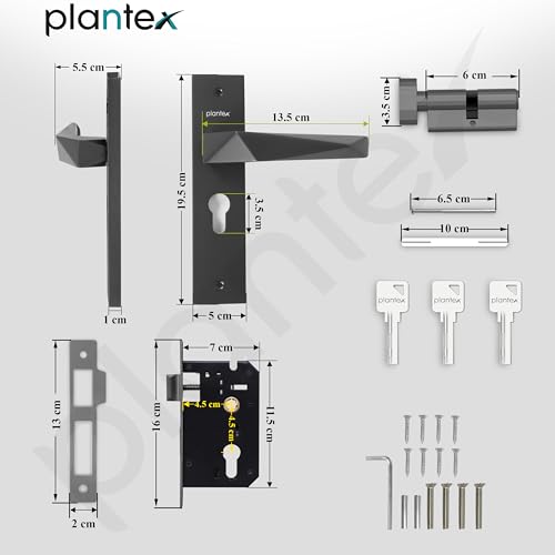 Image of Plantex Door Lock for Home /6-Lever Lock Mechanism with 3 Years of Warranty /Heavy-Duty Door Lock Handle Set with 3 Keys, Brass Lock Body & Cylinder - (8129-Grey)