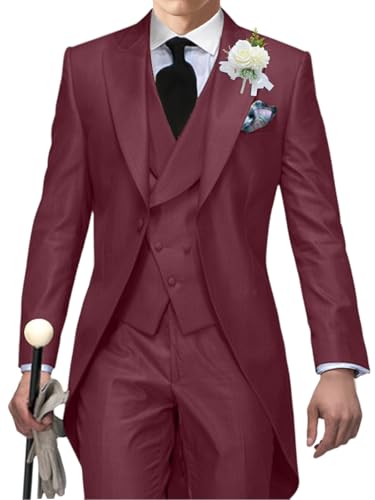 Men's Tailcoat Suit,Mens Tuxedo 3 Piece Slim Fit Suits Double Breasted for Men Summer Wedding,Proms,Concert,Dark Wine Red,XL