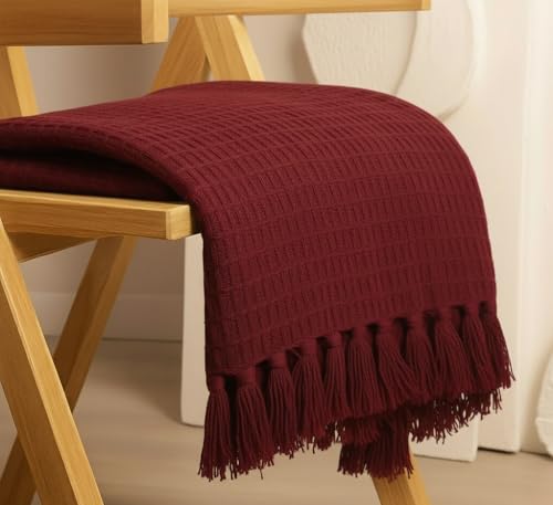 Image of Furnistitchs Bohemian Cotton Sofa Throw Blanket 50x60 inches | Waffle Knit & Chevron Pattern with Fringes | Aesthetic Decorative Couch Throw for Living Room & Bedroom (Cranberry)