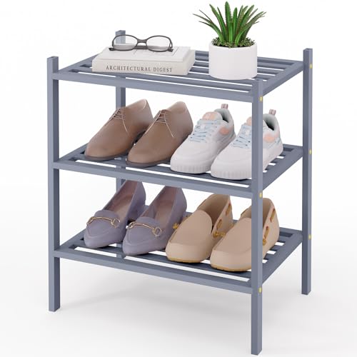 Image of Smiry Bamboo Shoe Rack, 5 Horizontal Slats, 3 Tier - 17.3 inch Wide, Grey