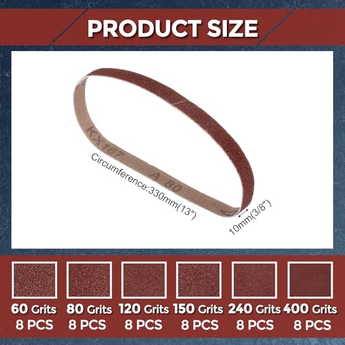 Kozelo 48 Stück Schleifbänder 10mm x 330mm, Schleifband 60/80/120/150/240/400 Körnung, Aluminiumoxid Schleifpapier für Bandschleifer Metallschleifen Holzbearbeitung Schweißrostentfernung