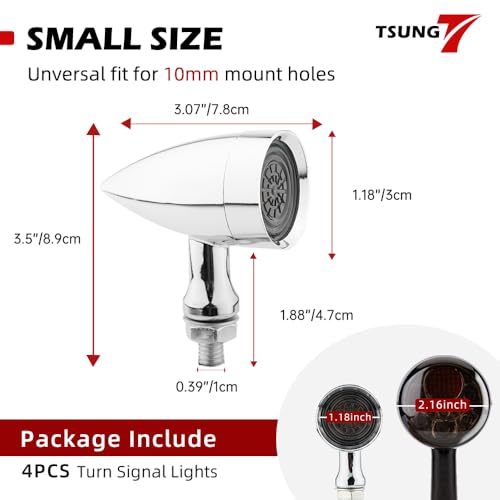 Image of TSUNG Universal Motorcycle LED Turn Signals Lights Small Bullet Front Rear Blinkers Tail Lights for Cruiser Chopper Bobber Cafe Racer Street Bike (4PCS-Chrome)
