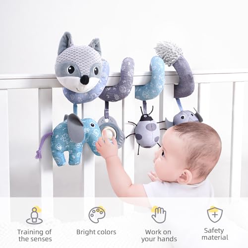 Image of Koty Car Seat Toys, Infant Baby Spiral Plush Activity Hanging Toy for Stroller Bar Pram Crib with Music Box BB Squeaker & Rattles(Gray Fox)