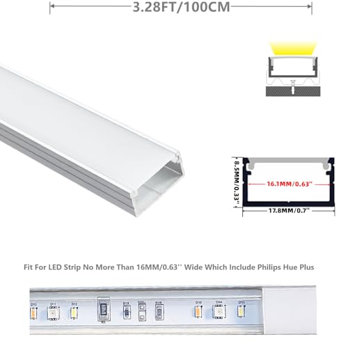 THMOOTHER 10-Pack 3.28FT LED Strip U Channel Diffuser Fitted for Hue Plus, Surface Mounted Tape Light Aluminum Track with Flat Milky Cover, Low Profile Designed for 0.63\'\' Wide Ribbon (10, 3.28FT) - Thumbnail 3