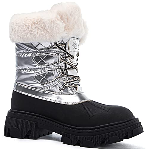 GLOBALWIN Snow Boots for Women Comfortable Winter Boots For Women Waterproof Fluffy Faux Fur Ankle Booties Silver Boots Water-Resistant Short Boots For Women Warm Fur Boots, Lace-Up Outdoor Shoes 8M - image 3