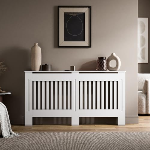 Radiant Living Radiator Cover Vertical Slat Design, Modern White MDF Radiator Cabinet for Living Room & Bedroom, Large 152 x 81.5 x 19cm