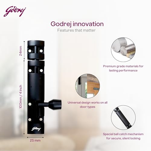 Image of Godrej Door Fittings | 4 inch Tower Bolt | Premium Matte Black Finish | Kundi for Better Grip & Easy Operation-Chitkani /Chitkini for Main Door, Bedroom, Bathroom, Wardrobe | 1 Year Warranty