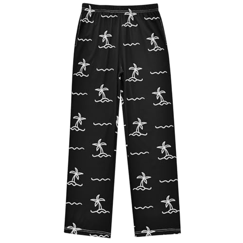 Boy's Pj Pants Summer White Palm Tree Doodle Black Lounge Bottoms Elastic Sweatpants with Pockets size 6-14