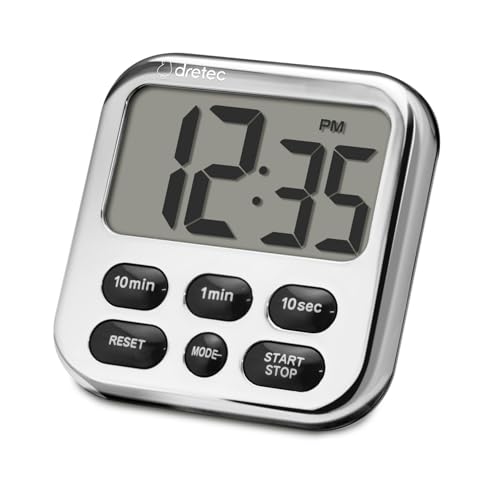 dretec Digital Timer Kitchen Timer Large LCD Display,Digital Timer for Cooking,Strong Magnet, Memory Function Count Up & Count Down, 6key, Chrome-Plated, Officially Tested in Japan