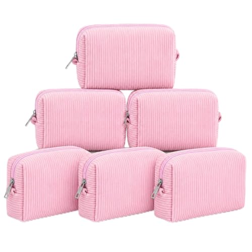 SOIDRAM 6Pcs Corduroy Makeup Bag Bulk Cosmetic Pouch Bulk,Pink