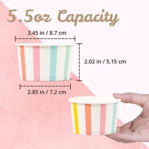 Image of MATICAN Paper Ice Cream Cups, 50-Count 5.5-Oz Disposable Dessert, Snack Bowls for Hot or Cold Food, 5.5-Ounce Party Supplies Treat Cups for Sundae, Frozen Yogurt, Soup, Pastel Stripes
