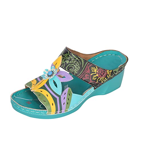 oiangi Womens Sandals 2023 Summer Wedge Orthopedic Sandals with Arch Support Comfy Slip on Flower Hollow Peep Toe Platform Slippers Boho Beach Shoes