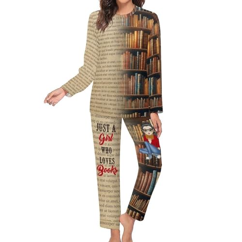 SweetJECCU Just A Girl Who Loves Books, personalisiertes Pyjama-Set für Damen, individuelles Bücherregal, langärmeliger Schlafanzug, Stil 01, X-Small-6X-Large