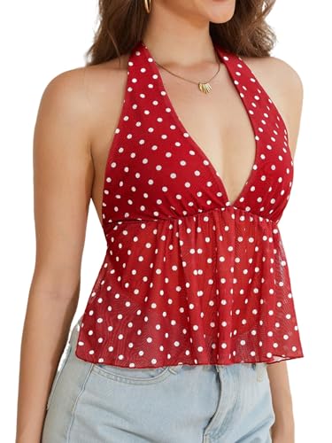 IQLWI Womens Polka Dot Halter Top Backless Y2k Crop V Neck Tie Up Peplum Going Out Tops Red Large