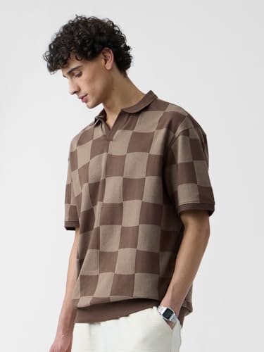 Image of The Souled Store Jacquard: Old School Brown Men and Boys Short Sleeves Collared Neck Cotton Oversized Polos