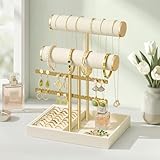 SONGMICS Porte Bracelet, Présentoir à Bijoux, Support Bracelet, 2 Niveaux, Support pour Boucles d’Oreilles, Plateaux en Velours, Support Amovible, Blanc Crème et Doré Clair JJS046W101