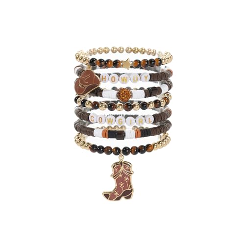 QKEOISUD 7pcs Cowgirl Beaded Bracelets,Stackable Western Beaded Stretch Bracelets with Cowgirl Hat and Boots,Boho Summer Beach Jewelry Accessories for Women