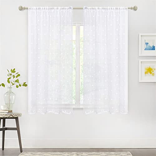Image of MYSKY HOME White Pom Pom Sheer Curtains for Bedroom 63 Inches Long 2 Panels