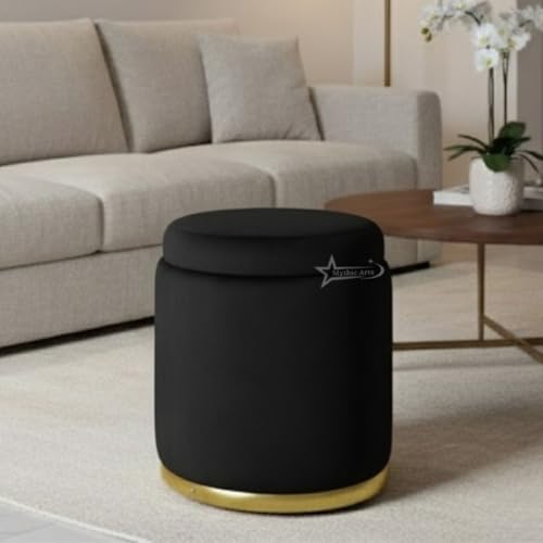 Image of Velvet Round Single Strip Ottoman Office Stool Foot Rest Stool Velvet Fabric Padded Seat Pouf Ottoman 13 X 13X 16 inch, in Round Shape for Living Room Black