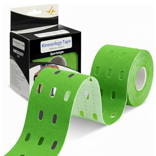 Image of PulseITSportsTape Kinesiology Tape- Waterproof & Sweatproof Sports Tape for Muscle Support, Pain Relief & Injury Recovery | Athletic Physio Tape for Knee, Shoulder, Ankle. 5cm x 5m (With Holes, Green)