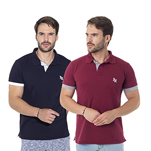 Kit 02 Camisas Gola Polo Piquet Masculina Básica Casual Polo Marine (M, Azul marinho e vinho)