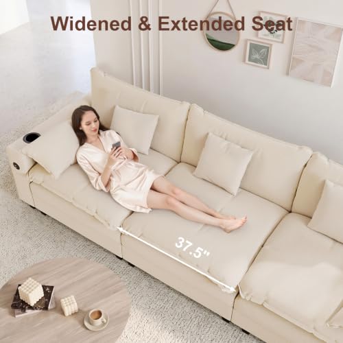 Image of KCGKCG 116 inch 3-Seater Cloud Sofa, Modular Sectional Couch, Chenille Deep Seat Cloud Couch with Charging Station, Cup Holder, Side Pocket, Double Layer Seat Cushion Couches for Living Room, Beige