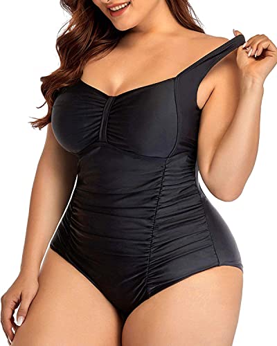 Daci Women Plus Size One Piece Swimsuits Tummy Control Black Vintage Ruched Bathing Suits Retro Swimwear 20 Plus #TOP3