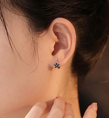 Reffeer Solid 925 Sterling Silver Daisy Flower Hoop Earrings Huggie for Women Teens Black Flower Hoop Earrings Cartilage Helix Earrings3