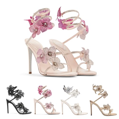 Women Rhinestone Flowers Spiral Wrap Around High Heel Sandals Fashion Sexy Sparkly Bling Wedding Party Sandals 4.13