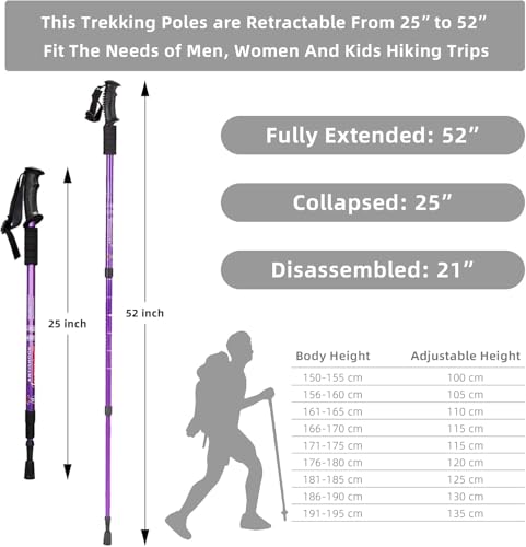 Image of Trekking Poles (2 Pack), Collapsible & Adjustable Hiking Sticks for Men & Women, Lightweight Aluminum Walking Poles with Anti-Shock System & Accessories - for Trekking, Hiking, Walking (Purple)