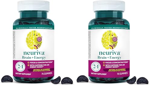 Image of NEURIVA Brain + Energy Gummies, Nootropic Brain Supplements for Focus and Concentration with Neurofactor, Vitamin B12 & Caffeine for an Energy Boost*, 75ct Natural BlackBerry, (Pack of 2)