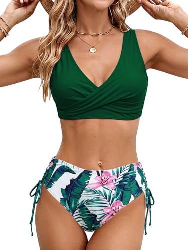 Bañadores Mujer Trajes de Baño de Dos Piezas Bikini Brasileño Mujer Cintura Alta Bikini 2 Pieza Talle Alto Correas Laterales Cuello V Push Up (Verde, XL)