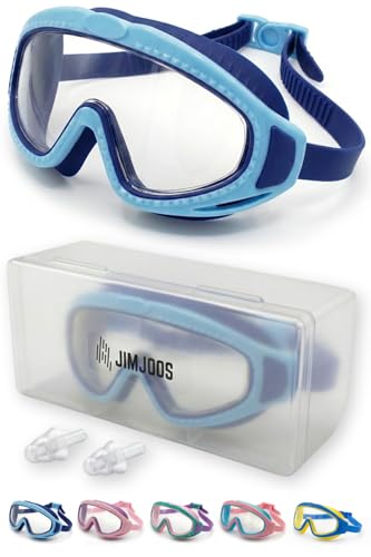 JIMJOOS Kids Swimming Goggles 6-14 - Wide View, Anti Fog, UV Protection, Leak Proof Swim Goggles for Boys Girls - Adjustable Back Strap - Hard Case & Silicone Ear Plugs Included (DARK BLUE-SKY BLUE)