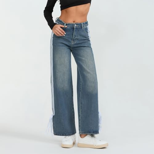 Karwuiio Women's Low Rise Jeans Y2k Baggy Striped Bow Waisted Straight Wide Leg Denim Pants Streetwear2