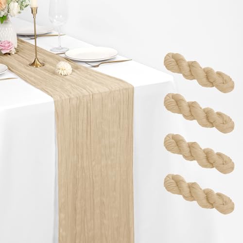 Pesonlook 4 Pack Beige Cheesecloth Table Runner 21 x 120 Inch Rustic Gauze Fabric Table Runner Romantic Long Cheesecloth Table Runner For Weddings, Festivals, Anniversarie, Dinner, Outdoor Parties