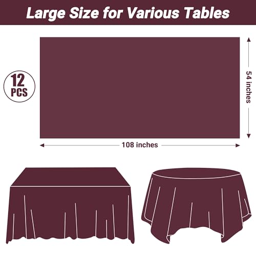 Image of QZYL 12 PCS Wine Plastic Tablecloths, 54 in x 108 in Dinner Table Cloths, Rectangle Table Cover for Birthday Party Family Gathering Wedding
