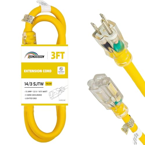 3 Ft Yellow Outdoor Extension Cord Lighted End Weatherproof 14 Gauge