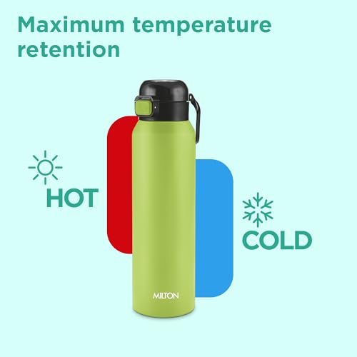 Image of Milton Dual Flow 900 Thermosteel Water Bottle 900 ml with One Touch Safety Lock & Twin Lid Sip or Gulp,Long Hours Hot & Cold,Leak Proof,ISI Certified,Vacuum Insulated,for Office,Gym,School,Neon Green