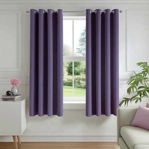 Image of FMFUNCTEX 100% Blackout Curtains for Bedroom, Purple Curtains 54 Inches Long Textured Thermal Insulated Curtains for Living Room Drapes, Black Out Drapery Grommet Room Darkening 2 Panels