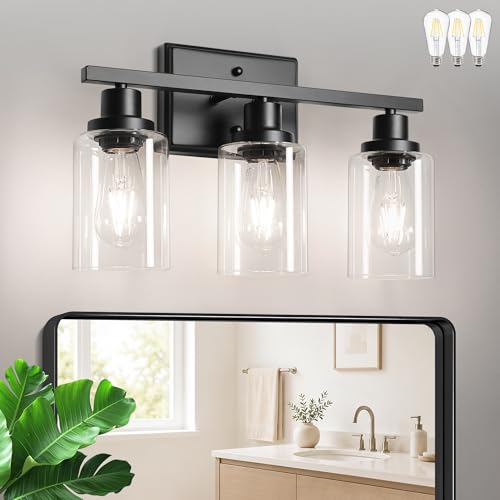 Image of Ascher Bathroom Light Fixtures, 3 Light Vanity Light with LED Bulbs Included, Black Wall Sconces with Clear Glass Shades for Mirror, Kitchen, Living Room, Hallway, Cabinet