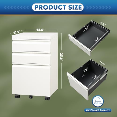 Image of DEVAISE 3 Drawer Mobile File Cabinet with Lock, Under Desk Metal Filing Cabinet for Home Office /Legal /Letter /A4 File, Fully Assembled Except Wheels, White