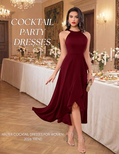 Image of Dressystar Womens 2026 Halter Slit Ruffle Wedding Guest Party Dress Elegant Maxi Long Sleeveless Formal Prom Cocktail Dresses